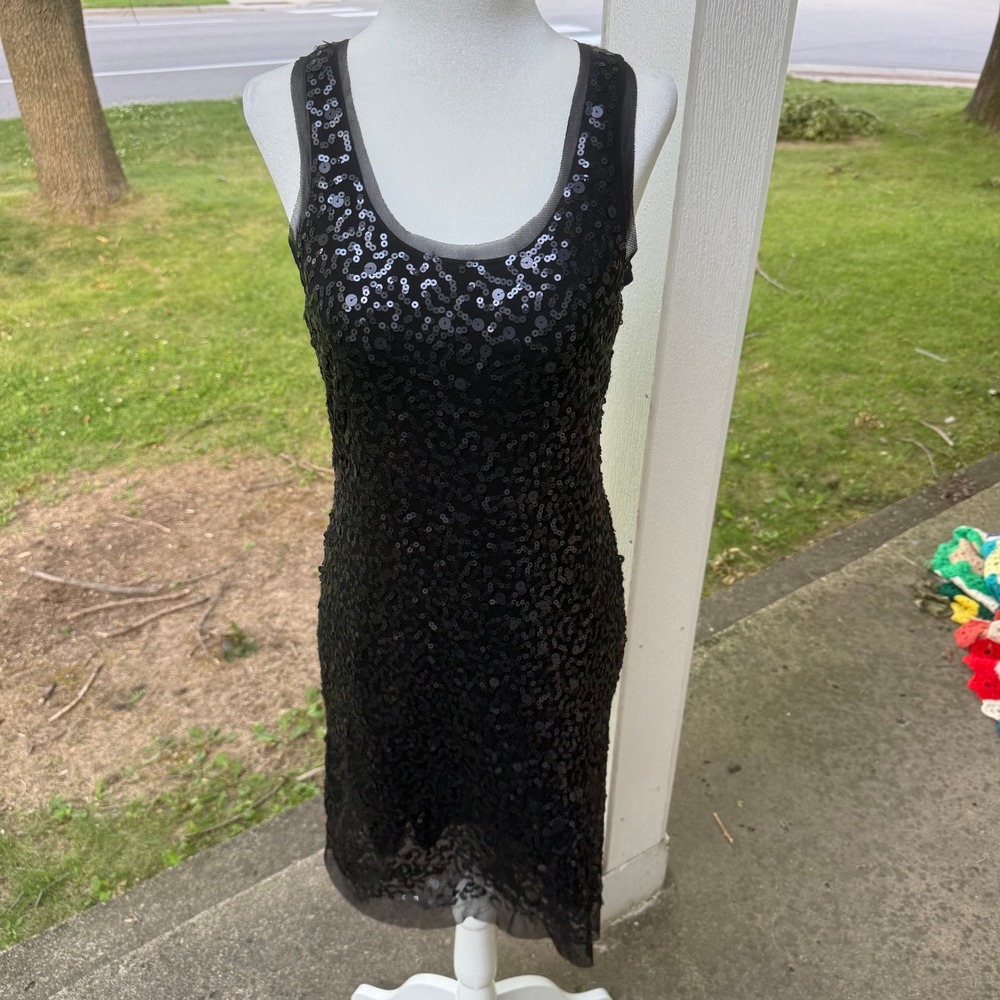 NWT Max Studio Womens Black Sequin Mesh Overlay Sleeveless Cocktail Dress Size M
